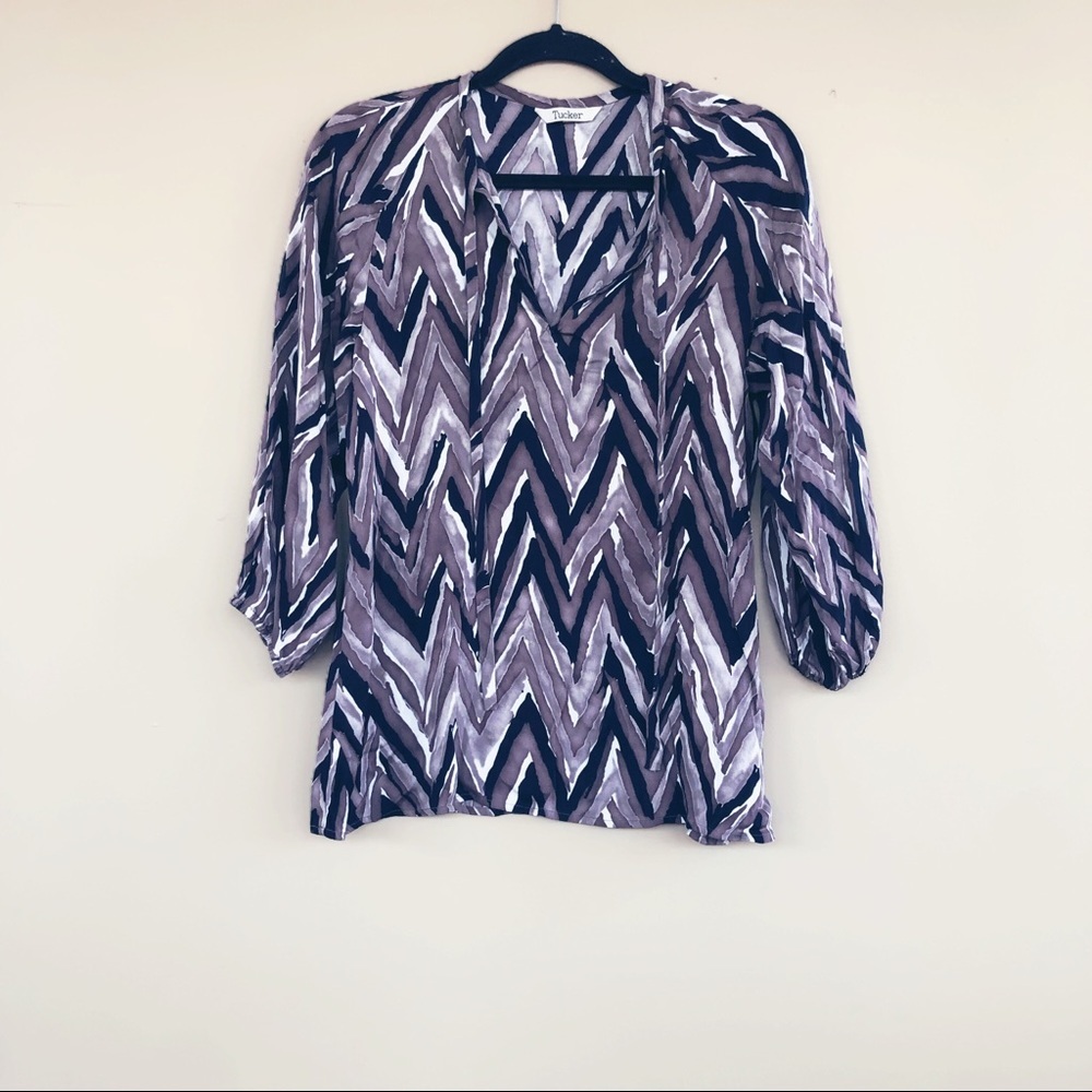 • Tucker NYC • Tie Neck Party Silk Blouse Chevron